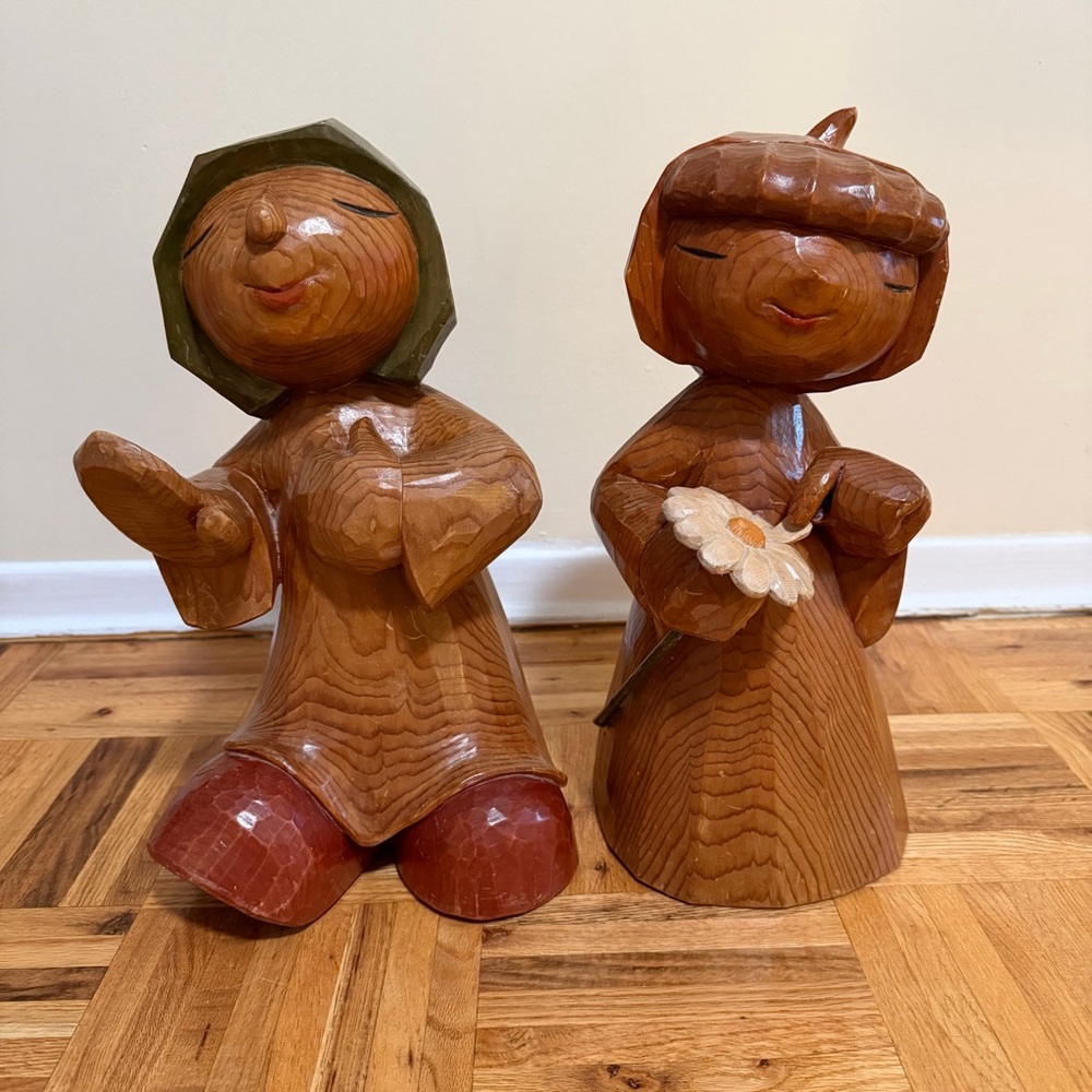 Japanese Vintage Handmade Wood Sculpture Girl Boy